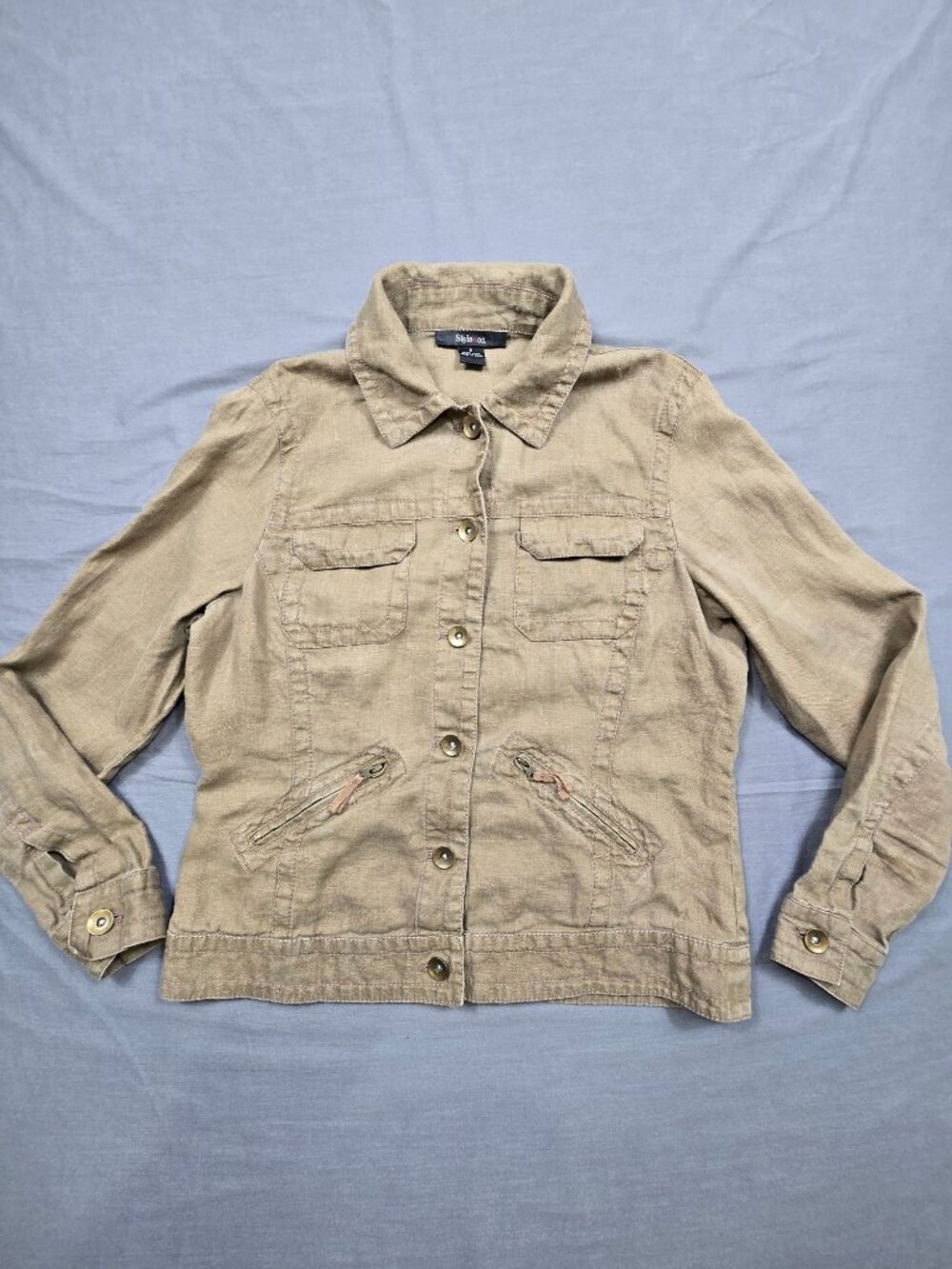 Style & Co Small Linen Jacket Beige Casual Front Button Pockets Lightweight